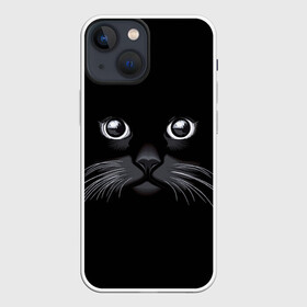 Чехол для iPhone 13 mini с принтом Кот Журбей в Екатеринбурге,  |  | Тематика изображения на принте: большие глаза | голова кота | милота. | мордочка | настроение | позитив | усики | черный