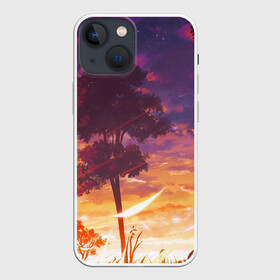 Чехол для iPhone 13 mini с принтом Закат в аниме стиле в Екатеринбурге,  |  | акварель | алый закат | аниме | в аниме стиле | ветер | деревья | закат | красками | листва | облака | рассвет | рисунок | солнце | тучи