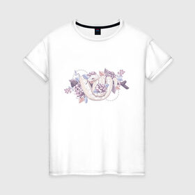 Женская футболка хлопок с принтом Белая змея и цветы в Екатеринбурге, 100% хлопок | прямой крой, круглый вырез горловины, длина до линии бедер, слегка спущенное плечо | белая | букет | бутон | ветвь | ветка | гадюка | змея | питон | розовая | удав | цветы