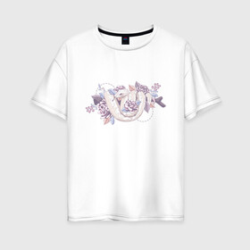 Женская футболка хлопок Oversize с принтом Белая змея и цветы в Екатеринбурге, 100% хлопок | свободный крой, круглый ворот, спущенный рукав, длина до линии бедер
 | белая | букет | бутон | ветвь | ветка | гадюка | змея | питон | розовая | удав | цветы