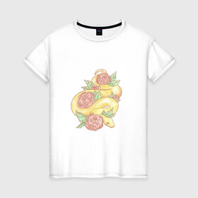 Женская футболка хлопок с принтом Змея акварелью в Екатеринбурге, 100% хлопок | прямой крой, круглый вырез горловины, длина до линии бедер, слегка спущенное плечо | акварелью | букет | бутон | ветвь | ветка | гадюка | змея | красками | питон | удав | цветы