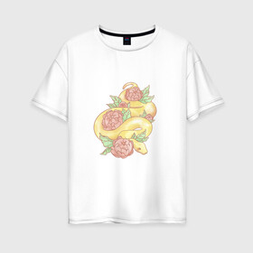 Женская футболка хлопок Oversize с принтом Змея акварелью в Екатеринбурге, 100% хлопок | свободный крой, круглый ворот, спущенный рукав, длина до линии бедер
 | акварелью | букет | бутон | ветвь | ветка | гадюка | змея | красками | питон | удав | цветы