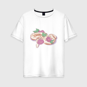 Женская футболка хлопок Oversize с принтом Акварельная змея в Екатеринбурге, 100% хлопок | свободный крой, круглый ворот, спущенный рукав, длина до линии бедер
 | акварелью | букет | бутон | ветвь | ветка | гадюка | змея | красками | питон | удав | цветы