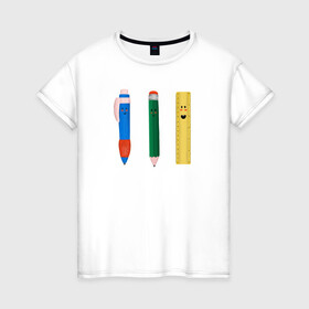 Женская футболка хлопок с принтом в школу в Екатеринбурге, 100% хлопок | прямой крой, круглый вырез горловины, длина до линии бедер, слегка спущенное плечо | карандаш | класс | линейка | перекличка | ручка | уроки | школа