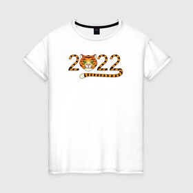 Женская футболка хлопок с принтом Год Тигра 2022 с мордочкой в Екатеринбурге, 100% хлопок | прямой крой, круглый вырез горловины, длина до линии бедер, слегка спущенное плечо | 2022 | дата | животное | полоски | символ | тигр | хвост