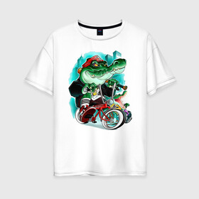 Женская футболка хлопок Oversize с принтом Крокодил в Екатеринбурге, 100% хлопок | свободный крой, круглый ворот, спущенный рукав, длина до линии бедер
 | байк | банда | колесо | крокодил | пасть