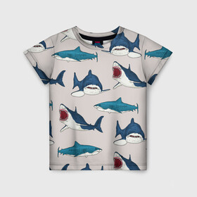 Детская футболка 3D с принтом Кровожадные акулы паттерн в Екатеринбурге, 100% гипоаллергенный полиэфир | прямой крой, круглый вырез горловины, длина до линии бедер, чуть спущенное плечо, ткань немного тянется | shark | акулы | кровожадные акулы | морские обитатели | опасный | паттерн | синий