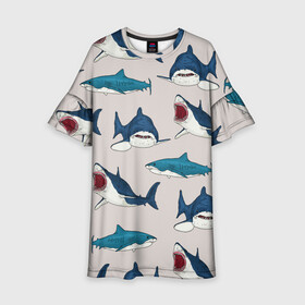Детское платье 3D с принтом Кровожадные акулы паттерн в Екатеринбурге, 100% полиэстер | прямой силуэт, чуть расширенный к низу. Круглая горловина, на рукавах — воланы | shark | акулы | кровожадные акулы | морские обитатели | опасный | паттерн | синий