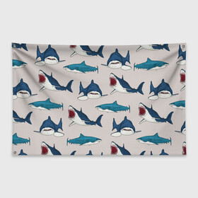 Флаг-баннер с принтом Кровожадные акулы паттерн в Екатеринбурге, 100% полиэстер | размер 67 х 109 см, плотность ткани — 95 г/м2; по краям флага есть четыре люверса для крепления | shark | акулы | кровожадные акулы | морские обитатели | опасный | паттерн | синий