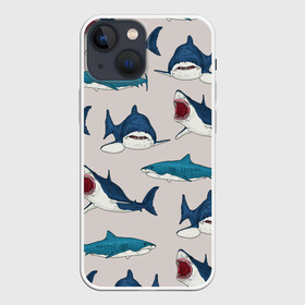 Чехол для iPhone 13 mini с принтом Кровожадные акулы паттерн в Екатеринбурге,  |  | Тематика изображения на принте: shark | акулы | кровожадные акулы | морские обитатели | опасный | паттерн | синий