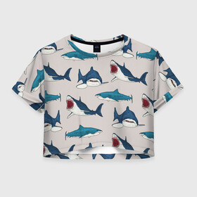 Женская футболка Crop-top 3D с принтом Кровожадные акулы паттерн в Екатеринбурге, 100% полиэстер | круглая горловина, длина футболки до линии талии, рукава с отворотами | Тематика изображения на принте: shark | акулы | кровожадные акулы | морские обитатели | опасный | паттерн | синий