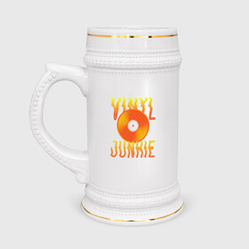 Кружка пивная с принтом Vinyl Junkie в Екатеринбурге,  керамика (Материал выдерживает высокую температуру, стоит избегать резкого перепада температур) |  объем 630 мл | dj | english | vinyl junkie | диджей | музыкант | пластинка | по английски