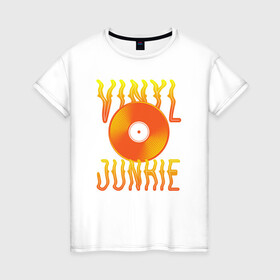 Женская футболка хлопок с принтом Vinyl Junkie в Екатеринбурге, 100% хлопок | прямой крой, круглый вырез горловины, длина до линии бедер, слегка спущенное плечо | dj | english | vinyl junkie | диджей | музыкант | пластинка | по английски