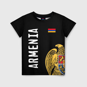 Детская футболка 3D с принтом ARMENIA в Екатеринбурге, 100% гипоаллергенный полиэфир | прямой крой, круглый вырез горловины, длина до линии бедер, чуть спущенное плечо, ткань немного тянется | Тематика изображения на принте: armenia | армения | герб | лев и орел | лого | символ | флаг | флаг и герб армении
