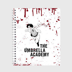 Тетрадь с принтом Number 5 | The Umbrella Academy (Z) в Екатеринбурге, 100% бумага | 48 листов, плотность листов — 60 г/м2, плотность картонной обложки — 250 г/м2. Листы скреплены сбоку удобной пружинной спиралью. Уголки страниц и обложки скругленные. Цвет линий — светло-серый
 | Тематика изображения на принте: 5 | dark horse comics | netflix | number 5 | the umbrella academy | umbrella | академия амбрелла | комикс | комильфо | номер 5 | реджинальд харгривз | харгривз | хэйзел