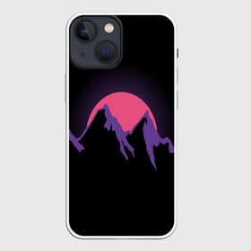 Чехол для iPhone 13 mini с принтом горы на фоне заката в Екатеринбурге,  |  | 80s | горы | закат | киберпанк | минимализм | неон | неоновый закат | розовое солнце | розовый | фиолетовый