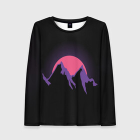 Женский лонгслив 3D с принтом горы на фоне заката в Екатеринбурге, 100% полиэстер | длинные рукава, круглый вырез горловины, полуприлегающий силуэт | 80s | горы | закат | киберпанк | минимализм | неон | неоновый закат | розовое солнце | розовый | фиолетовый