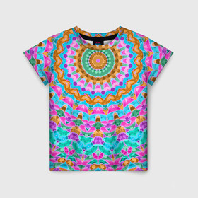 Детская футболка 3D с принтом разноцветный калейдоскоп  в Екатеринбурге, 100% гипоаллергенный полиэфир | прямой крой, круглый вырез горловины, длина до линии бедер, чуть спущенное плечо, ткань немного тянется | детский | женский | калейдоскоп | круглый | орнамент | розовый | этнический