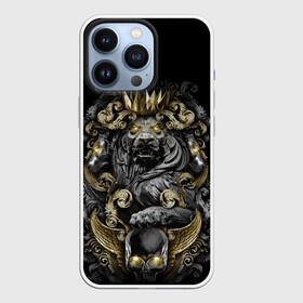 Чехол для iPhone 13 Pro с принтом Золотой лев в Екатеринбурге,  |  | архитектура | золото | камень | корона | лев | узоры | череп