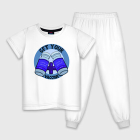 Детская пижама хлопок с принтом Get Your Caccine в Екатеринбурге, 100% хлопок |  брюки и футболка прямого кроя, без карманов, на брюках мягкая резинка на поясе и по низу штанин
 | Тематика изображения на принте: вакцина | вакцинация | иллюстрация | корона | коронавирус
