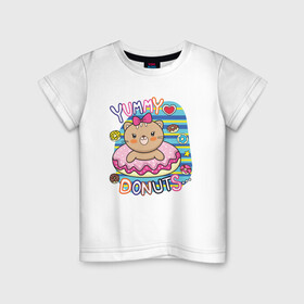 Детская футболка хлопок с принтом Мишка в пончике в Екатеринбурге, 100% хлопок | круглый вырез горловины, полуприлегающий силуэт, длина до линии бедер | девочка | медведь | медвежонок | мишка | пончик | сладости