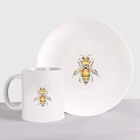 Набор: тарелка + кружка с принтом Акварельная пчела в Екатеринбурге, керамика | Кружка: объем — 330 мл, диаметр — 80 мм. Принт наносится на бока кружки, можно сделать два разных изображения. 
Тарелка: диаметр - 210 мм, диаметр для нанесения принта - 120 мм. | bee | акварель | акварельная пчела | большая пчела | насекомое | пчела | реалистичная пчела