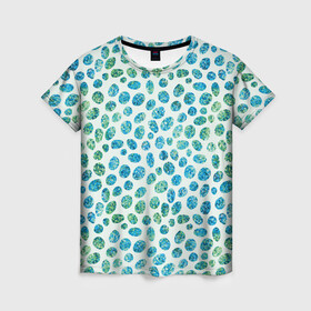Женская футболка 3D с принтом Драгоценные зеленые камешки в Екатеринбурге, 100% полиэфир ( синтетическое хлопкоподобное полотно) | прямой крой, круглый вырез горловины, длина до линии бедер | абстракция | блестящие | драгоценные камни | зеленый | изумрудный | пятна