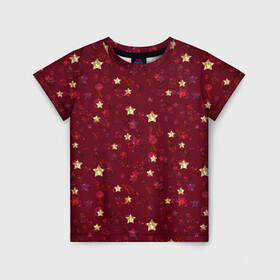Детская футболка 3D с принтом Россыпи золотых звезд в Екатеринбурге, 100% гипоаллергенный полиэфир | прямой крой, круглый вырез горловины, длина до линии бедер, чуть спущенное плечо, ткань немного тянется | блеск | блестящий | детский | звезды | золото | золотой и красный | красный | модный