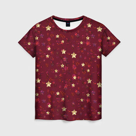 Женская футболка 3D с принтом Россыпи золотых звезд в Екатеринбурге, 100% полиэфир ( синтетическое хлопкоподобное полотно) | прямой крой, круглый вырез горловины, длина до линии бедер | блеск | блестящий | детский | звезды | золото | золотой и красный | красный | модный