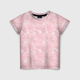 Детская футболка 3D с принтом Нежно розовые цветы с блеском в Екатеринбурге, 100% гипоаллергенный полиэфир | прямой крой, круглый вырез горловины, длина до линии бедер, чуть спущенное плечо, ткань немного тянется | блеск | блестки | детский | золото | малышам | нежно розовый | розовые цветы | розовый и золотой