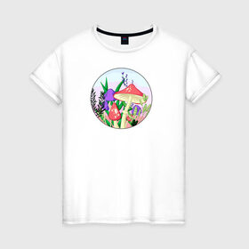 Женская футболка хлопок с принтом Грибы в Екатеринбурге, 100% хлопок | прямой крой, круглый вырез горловины, длина до линии бедер, слегка спущенное плечо | грибы | закат | мухоморы | растения