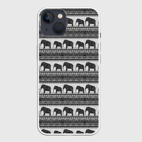Чехол для iPhone 13 с принтом Черно белый узор слоны в Екатеринбурге,  |  | африканский | монохромный узор | орнамент | полосы | серый | серый и черный | слоны | этнический