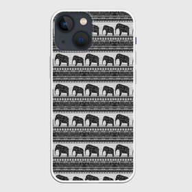 Чехол для iPhone 13 mini с принтом Черно белый узор слоны в Екатеринбурге,  |  | африканский | монохромный узор | орнамент | полосы | серый | серый и черный | слоны | этнический