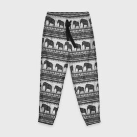 Детские брюки 3D с принтом Черно-белый узор слоны в Екатеринбурге, 100% полиэстер | манжеты по низу, эластичный пояс регулируется шнурком, по бокам два кармана без застежек, внутренняя часть кармана из мелкой сетки | африканский | монохромный узор | орнамент | полосы | серый | серый и черный | слоны | этнический