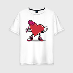 Женская футболка хлопок Oversize с принтом Сердечко сэлфи в Екатеринбурге, 100% хлопок | свободный крой, круглый ворот, спущенный рукав, длина до линии бедер
 | peace | selfi | мир | сердечко | сердце | сэлфи | фотка