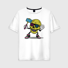 Женская футболка хлопок Oversize с принтом Череп сэлфи в Екатеринбурге, 100% хлопок | свободный крой, круглый ворот, спущенный рукав, длина до линии бедер
 | peace | selfi | мир | скелет | сэлфи | фотка | череп | черепушка