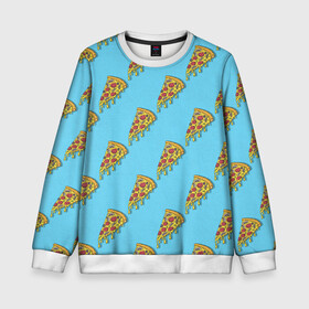 Детский свитшот 3D с принтом Пицца паттерн на голубом в Екатеринбурге, 100% полиэстер | свободная посадка, прямой крой, мягкая тканевая резинка на рукавах и понизу свитшота | еда | итальянская кухня | кусок пиццы | паттерн | пицца | пицца пепперони | пицца с колбасой и сыром | слайс | фаст фуд