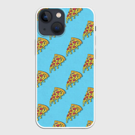 Чехол для iPhone 13 mini с принтом Пицца паттерн на голубом в Екатеринбурге,  |  | еда | итальянская кухня | кусок пиццы | паттерн | пицца | пицца пепперони | пицца с колбасой и сыром | слайс | фаст фуд