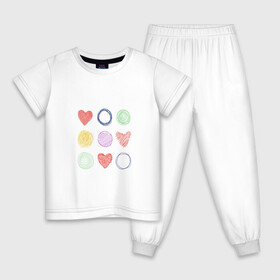 Детская пижама хлопок с принтом Цветные сердца и круги в Екатеринбурге, 100% хлопок |  брюки и футболка прямого кроя, без карманов, на брюках мягкая резинка на поясе и по низу штанин
 | Тематика изображения на принте: карандаш | круги | рисование | сердце | узор