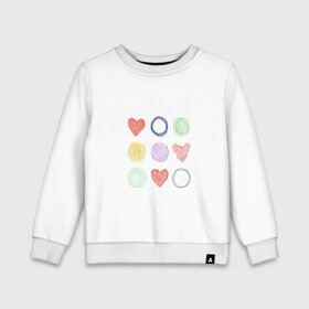 Детский свитшот хлопок с принтом Цветные сердца и круги в Екатеринбурге, 100% хлопок | круглый вырез горловины, эластичные манжеты, пояс и воротник | Тематика изображения на принте: карандаш | круги | рисование | сердце | узор