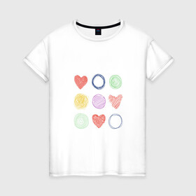Женская футболка хлопок с принтом Цветные сердца и круги в Екатеринбурге, 100% хлопок | прямой крой, круглый вырез горловины, длина до линии бедер, слегка спущенное плечо | карандаш | круги | рисование | сердце | узор