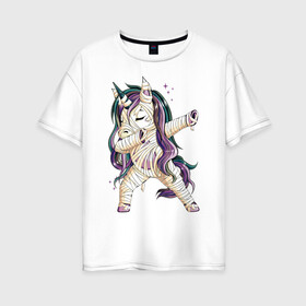 Женская футболка хлопок Oversize с принтом Единорог-мумия в Екатеринбурге, 100% хлопок | свободный крой, круглый ворот, спущенный рукав, длина до линии бедер
 | unicorn | бинты | единорог | инрог | мифическое существо | мумия | пони | сказочная лошадь