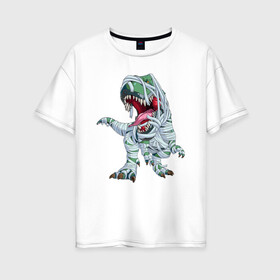 Женская футболка хлопок Oversize с принтом Динозавр-мумия в Екатеринбурге, 100% хлопок | свободный крой, круглый ворот, спущенный рукав, длина до линии бедер
 | tyrannosaurus | бинты | динозавр | дракон | мумия | тиранозавр | ящер