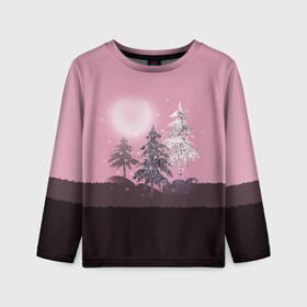 Детский лонгслив 3D с принтом Розовое сияние  в Екатеринбурге, 100% полиэстер | длинные рукава, круглый вырез горловины, полуприлегающий силуэт
 | елка | ель | зима | коричневый и розовый | лес | луна | мозаика | мозаичный узор | новогодний | розовый | солнце | утро