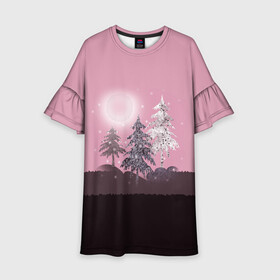 Детское платье 3D с принтом Розовое сияние  в Екатеринбурге, 100% полиэстер | прямой силуэт, чуть расширенный к низу. Круглая горловина, на рукавах — воланы | елка | ель | зима | коричневый и розовый | лес | луна | мозаика | мозаичный узор | новогодний | розовый | солнце | утро