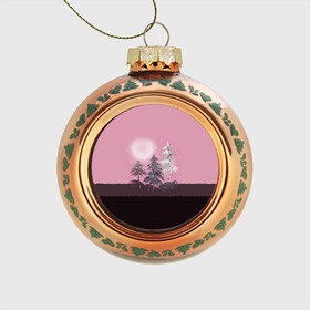 Стеклянный ёлочный шар с принтом Розовое сияние  в Екатеринбурге, Стекло | Диаметр: 80 мм | елка | ель | зима | коричневый и розовый | лес | луна | мозаика | мозаичный узор | новогодний | розовый | солнце | утро