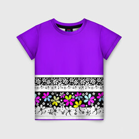 Детская футболка 3D с принтом Яркий фиолетовый цветочный  в Екатеринбурге, 100% гипоаллергенный полиэфир | прямой крой, круглый вырез горловины, длина до линии бедер, чуть спущенное плечо, ткань немного тянется | детский | женский | кайма | лето | разноцветные ромашки | ромашки | фиолетовый | фиолетовый и желтый | цветочный узор | цветы
