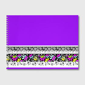 Альбом для рисования с принтом Яркий фиолетовый цветочный  в Екатеринбурге, 100% бумага
 | матовая бумага, плотность 200 мг. | детский | женский | кайма | лето | разноцветные ромашки | ромашки | фиолетовый | фиолетовый и желтый | цветочный узор | цветы