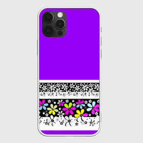 Чехол для iPhone 12 Pro с принтом Яркий фиолетовый цветочный  в Екатеринбурге, силикон | область печати: задняя сторона чехла, без боковых панелей | детский | женский | кайма | лето | разноцветные ромашки | ромашки | фиолетовый | фиолетовый и желтый | цветочный узор | цветы
