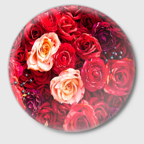 Значок с принтом Букет роз в Екатеринбурге,  металл | круглая форма, металлическая застежка в виде булавки | большие | букет | девушкам | красивые | пышные | розы | цветы | яркие